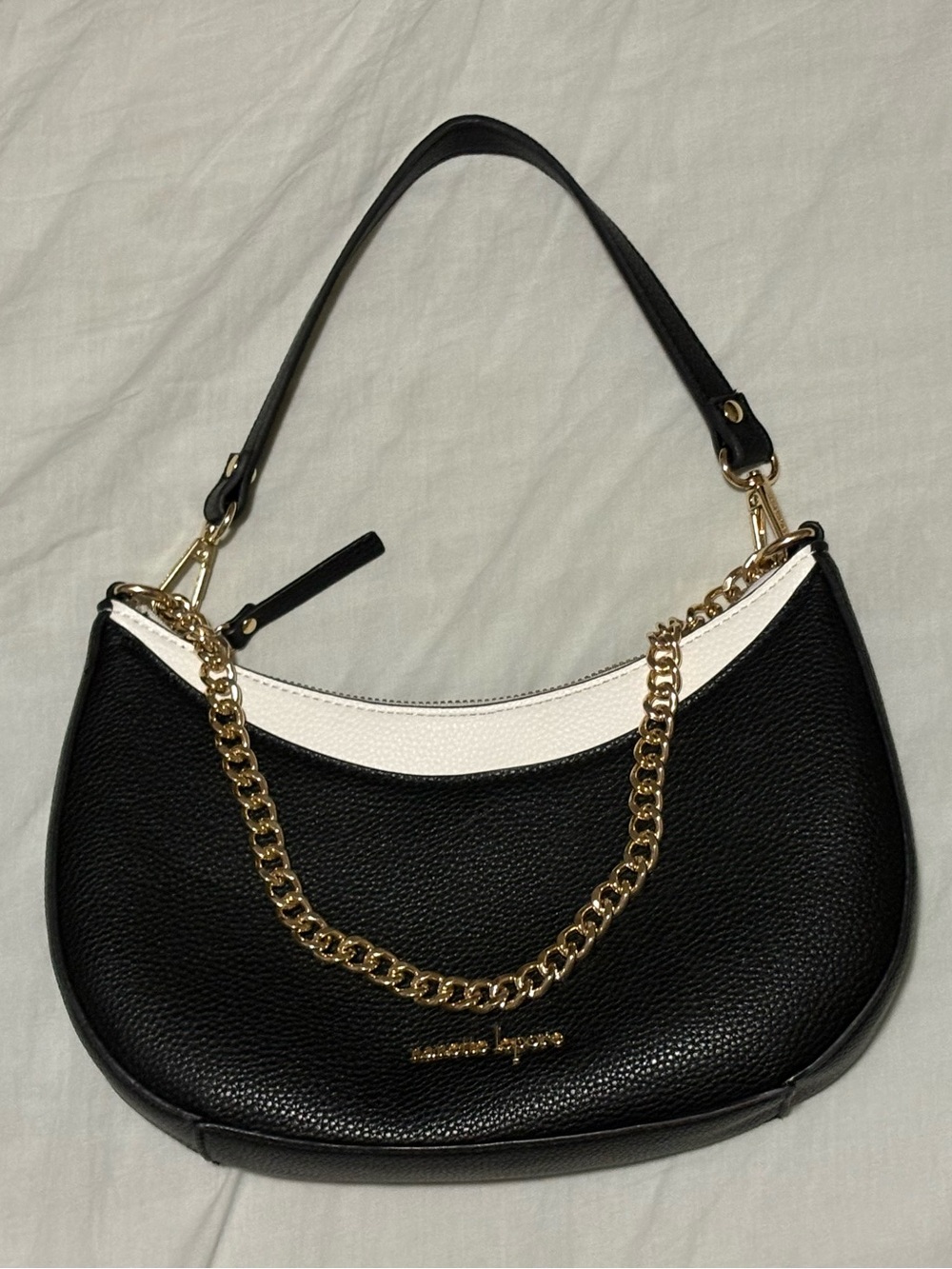 Nanette Lepore Black and White Crescent Shoulder Bag with Gold Chain